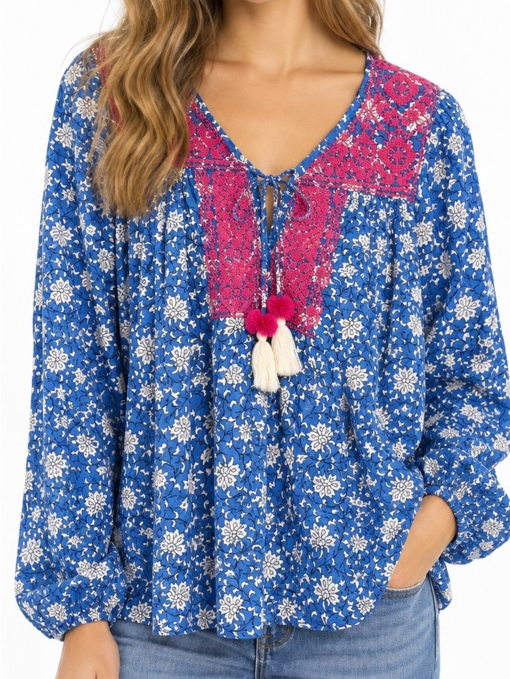 Crew Starina Floral Embroidered Cotton Peasant Blouse Top Boho Chic S
